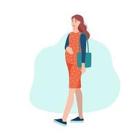 A young pregnant woman walks in the park, walking down the street vector