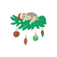 A cute sleeping sloth on a beautiful decorated christmas branch