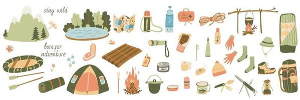 Big set of vector illustrations of tourism and camping equipment