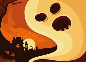 Banner with ghost on background of castle. Halloween postcard design. vector