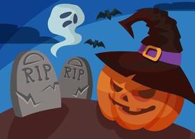 Banner with pumpkin head and ghost. Halloween placard design. vector