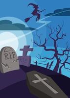 Poster with witch flying over the cemetery. Halloween placard design. vector