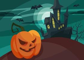 banner con cabeza de calabaza en el fondo del castillo. postal de halloween. vector