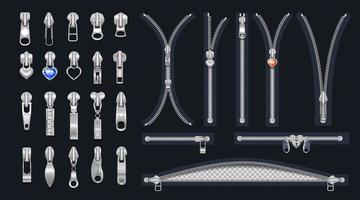 set of metal zippers and sliders with pendants. vector