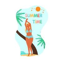 Girl in a bathing suit on the beach enjoys the rest, illustration. vector