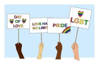 Hand holding a poster with LGBT community slogans vector illustration