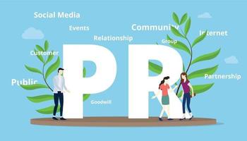 pr public relations concept with big text and people team vector