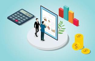 isometric financial check analysis with people and data chart vector