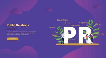 pr public relations concept with big text and people team vector