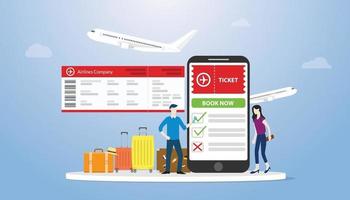 Reserva online o reserva de billetes para el concepto de vuelo con smartphone vector