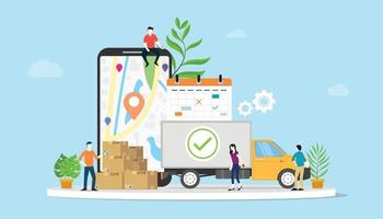 online delivery goods ecommerce concept with team people truck vector