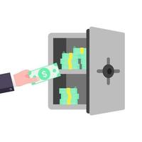 Hand put money dollar into gray metal bank safe vector illustration