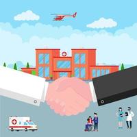 Handshake between doctor and patient behind hospital building vector