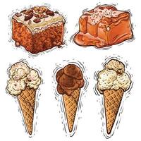 Chocolate cake, caramel, and ice cream dessert watercolor illustration vector