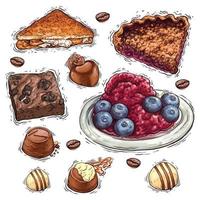 Chocolate cake with nuts and berries dessert watercolor illustration vector