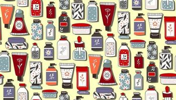 Seamless repeating pattern with cosmetics. A set of bottles and tubes vector