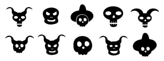 Collections of human skulls with horns and witch hat. Silhouette skull vector