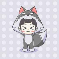 Cute wolf costume girl cartoon illustration vector