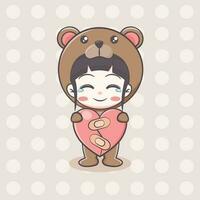 Cute bear costume girl cartoon illustration vector