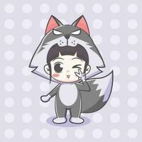 Cute wolf costume girl cartoon illustration vector