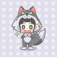 Cute wolf costume girl cartoon illustration vector
