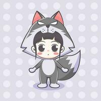 Cute wolf costume girl cartoon illustration vector