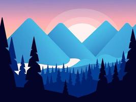 Natural landscape with sunset over mountains, river and forest. vector
