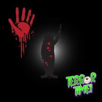 Terror Time logo with bloody hand print and clown silhouette vector