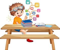 Boy sitting on bench learning from tablet vector