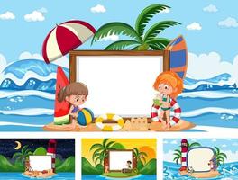 Set of different tropical beach scenes with blank banner vector