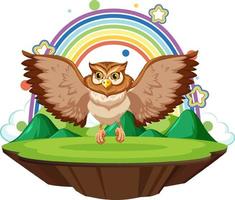 Owl in the garden with rainbow on white background vector