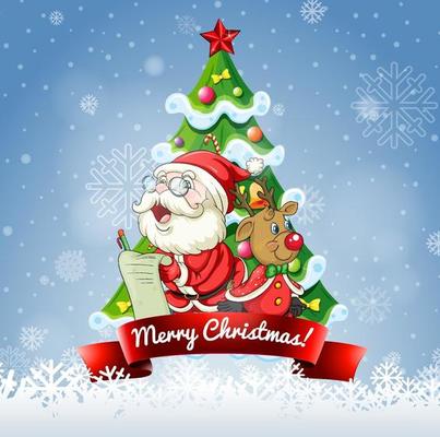 Merry Christmas font with Santa Claus and Reindeer