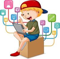 A boy using tablet for distance learning online vector