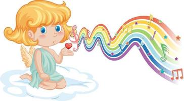 Cupid girl with melody symbols on rainbow wave vector