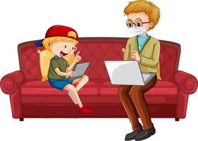 Boy sitting on couch learning from tablet with his father vector