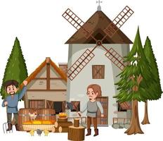 Windmill with villagers on white background vector