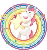 Unicorn in rainbow round frame with melody symbol vector