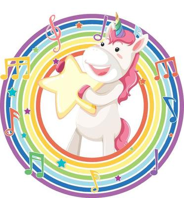 Unicorn in rainbow round frame with melody symbol