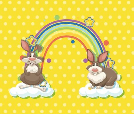 Two rabbits on the cloud with rainbow on yellow polka dot background