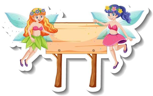 A sticker template with beautiful fairies and wooden sign