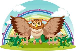 Owl in the garden with rainbow on white background vector