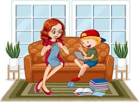 Boy sitting on couch learning from tablet with his mother vector