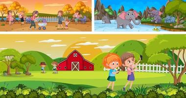 Outdoor panoramic landscape scenes set with cartoon character vector