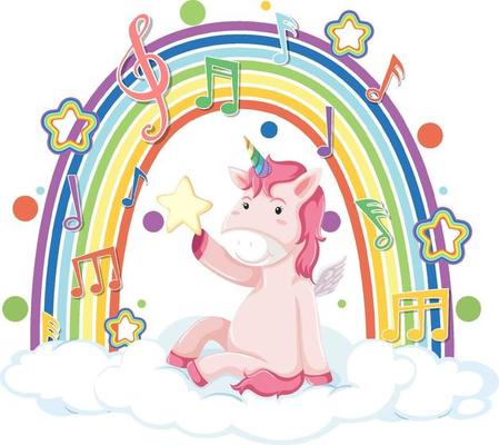 Unicorn sitting on cloud with rainbow and melody symbol