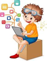 A boy using tablet for distance learning online vector
