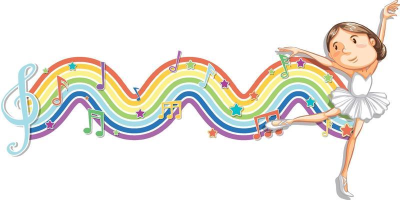 Ballerina with melody symbols on rainbow wave