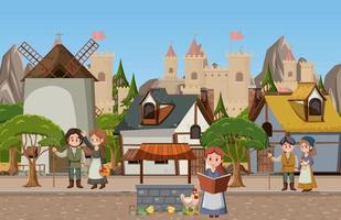 Medieval town scene with villagers vector