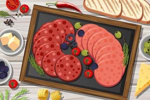 Platter of pepperoni and salami on the wooden table background vector