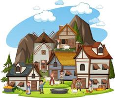 Medieval village with villagers on white background vector