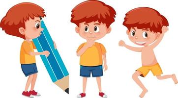 conjunto de un personaje de dibujos animados de niño con diferentes posiciones vector